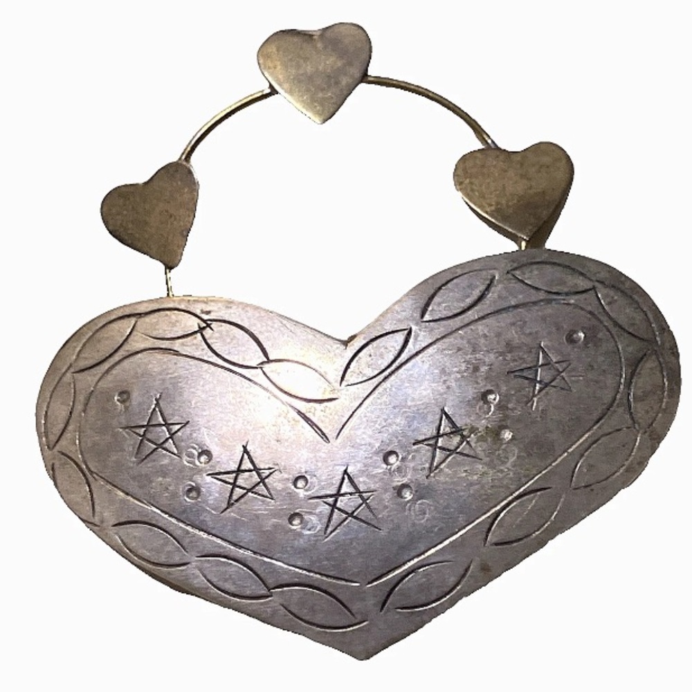 Heart & Stars Folk-Art Brooch • Vintage Sweetheart Pin • Nickel-Silver & Brass